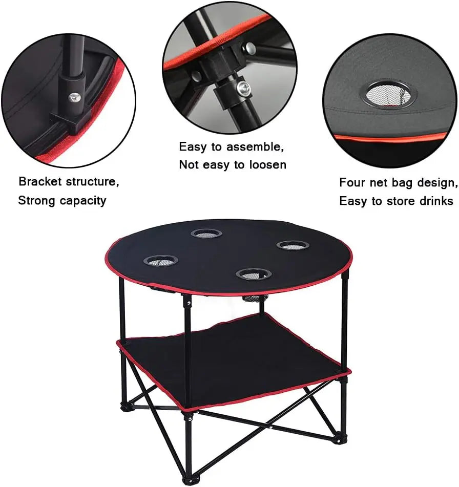 Camping Table Folding Picnic Table with 4 Cup Holders+4 Piece Fishing Chair with Cooler Bag Compact Fishing Stool