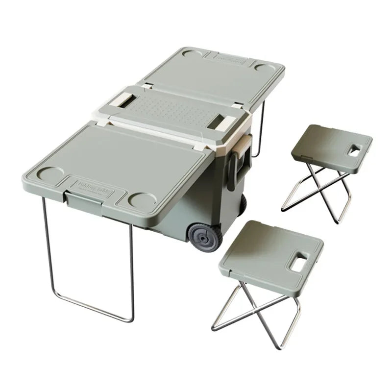 Folding camping table for barbecues and picnics. 32 litre multi-functional trolley table and chairs cooler 2 in 1