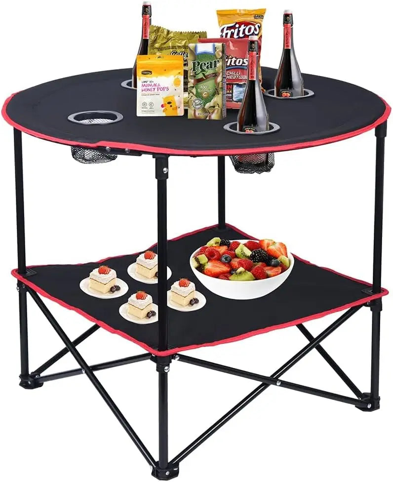 Camping Table Folding Picnic Table with 4 Cup Holders+4 Piece Fishing Chair with Cooler Bag Compact Fishing Stool