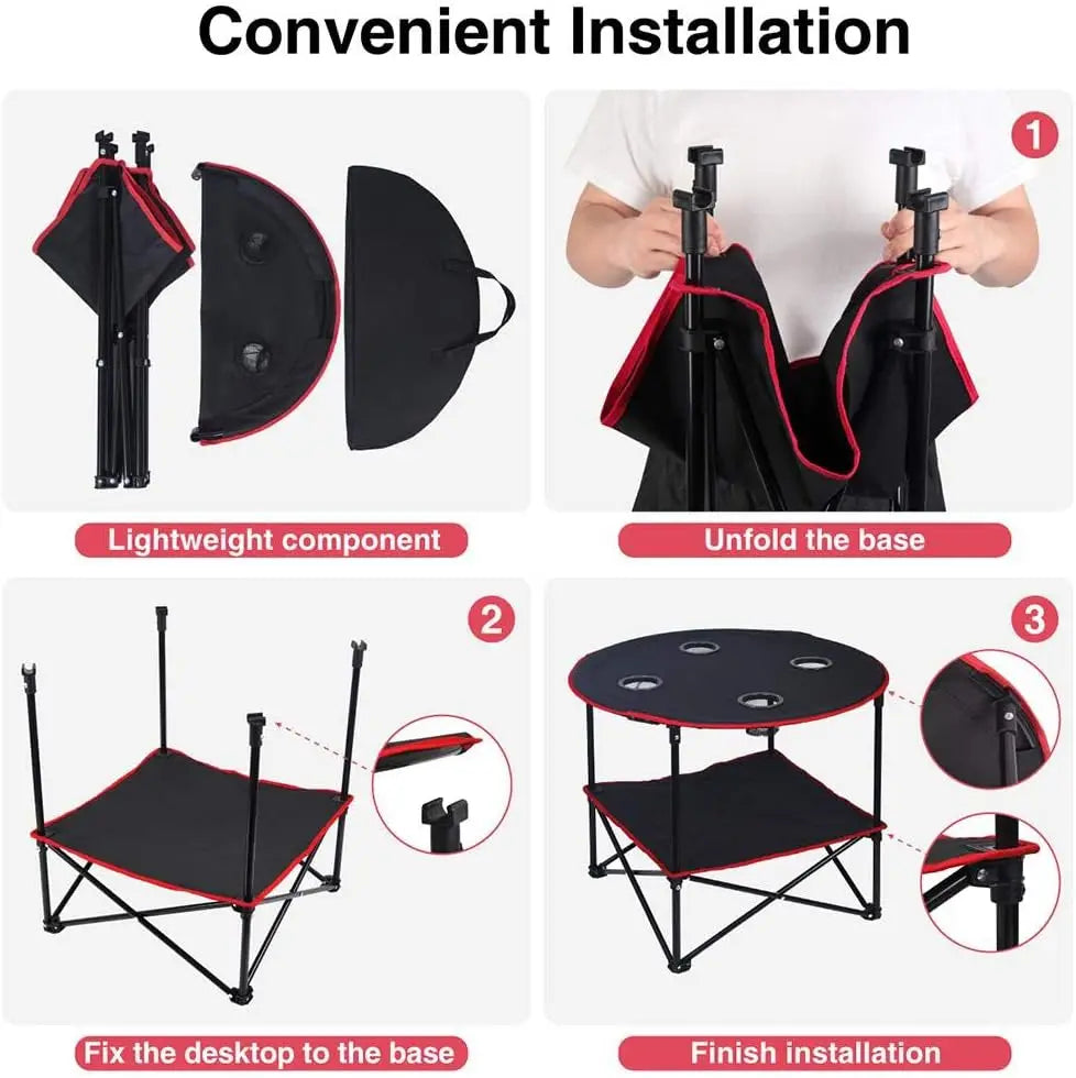 Camping Table Folding Picnic Table with 4 Cup Holders+4 Piece Fishing Chair with Cooler Bag Compact Fishing Stool